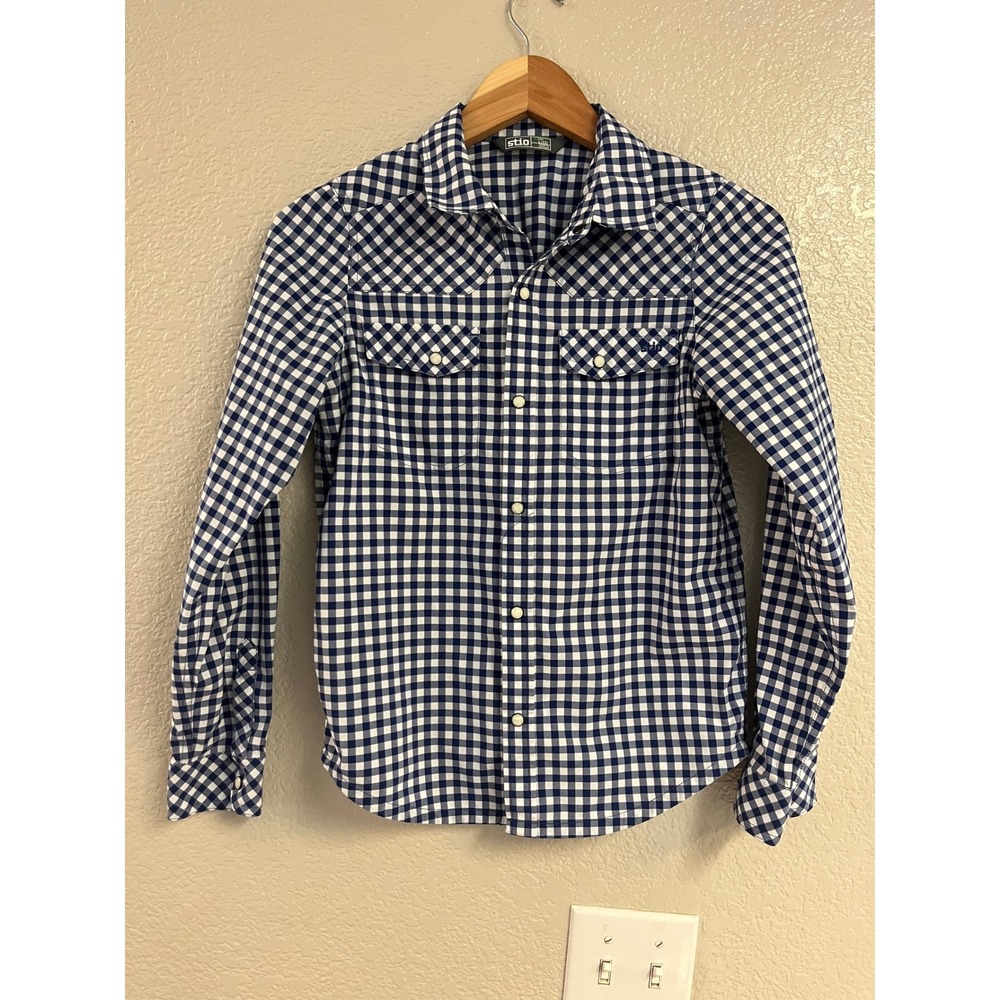 Stio Kids Eddy Shirt Navy White Gingham Plaid Long Sleeve Snap Button Size L 12